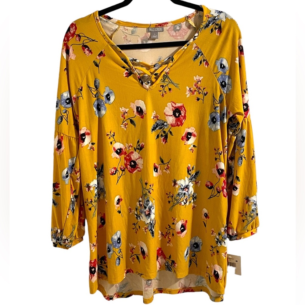 Falls Creek blouse. Gold yellow color w/floral pattern. NWTS Size large